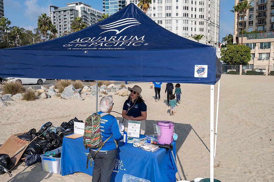 Two people under a a blue Aquarium of the Pacific tent talking